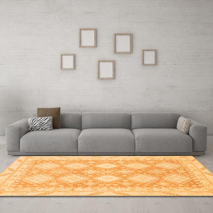 Machine Washable Abstract Orange Modern Area Rugs in a Living Room, wshabs2397org