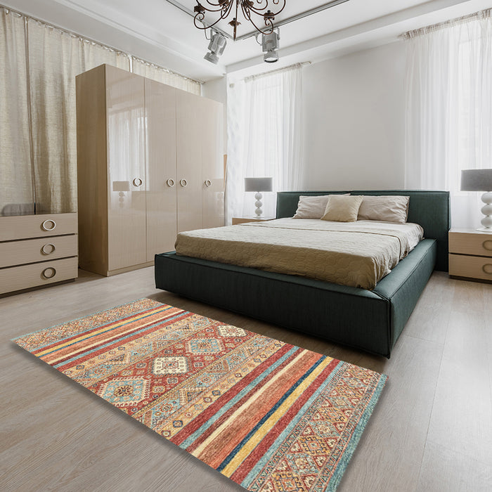 Abstract Chocolate Brown Modern Rug in a Bedroom, abs2399