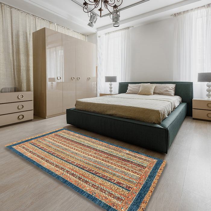 Abstract Chestnut Brown Oriental Rug in a Bedroom, abs2402