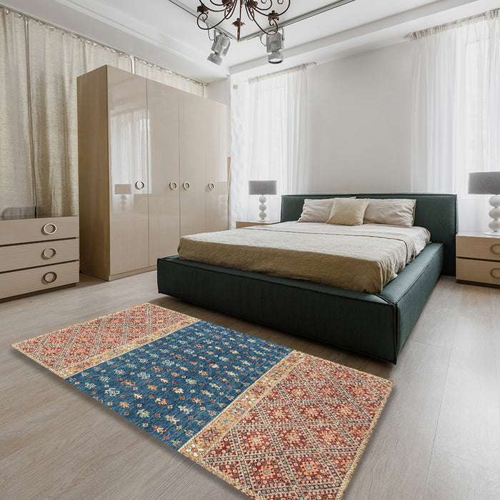 Abstract Sand Brown Oriental Rug in a Bedroom, abs2403