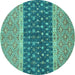 Round Machine Washable Oriental Turquoise Modern Area Rugs, wshabs2403turq