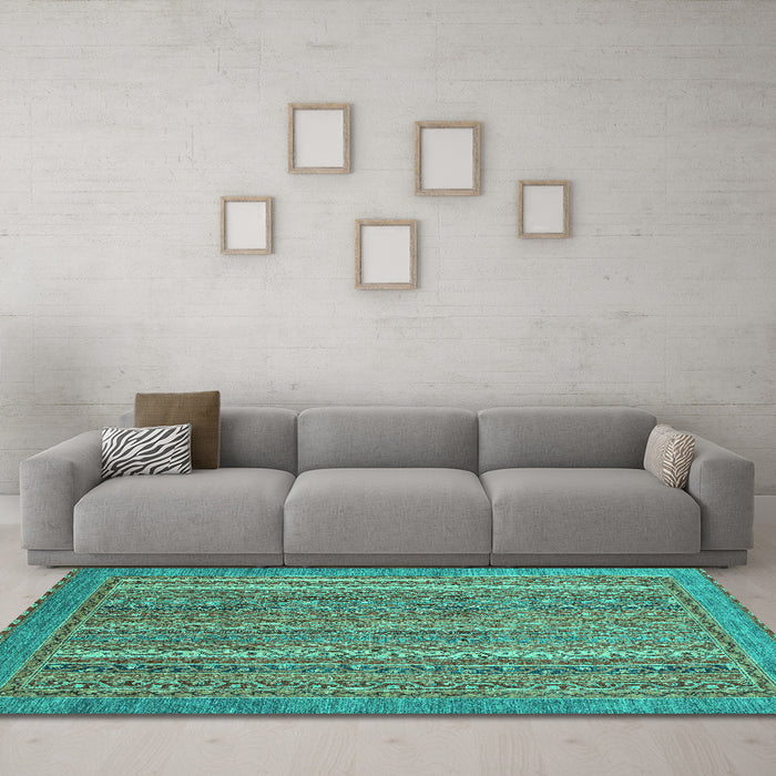 Machine Washable Oriental Turquoise Modern Area Rugs in a Living Room,, wshabs2405turq
