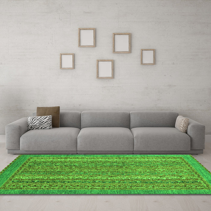 Machine Washable Oriental Green Modern Area Rugs in a Living Room,, wshabs2405grn
