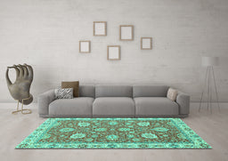 Machine Washable Oriental Turquoise Modern Area Rugs in a Living Room,, wshabs2406turq