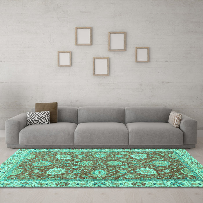 Machine Washable Oriental Turquoise Modern Area Rugs in a Living Room,, wshabs2406turq
