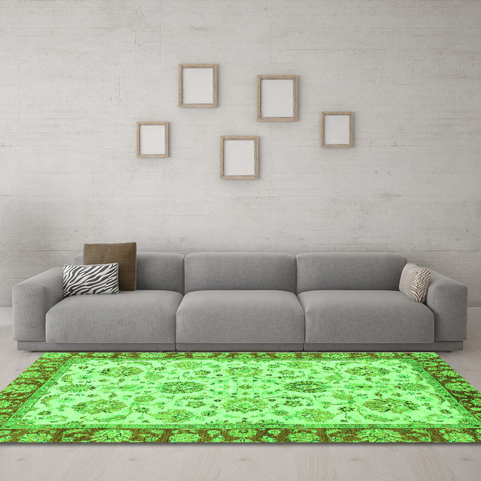 Machine Washable Oriental Green Modern Area Rugs in a Living Room,, wshabs2407grn