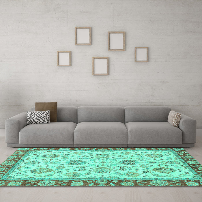 Machine Washable Oriental Turquoise Modern Area Rugs in a Living Room,, wshabs2407turq