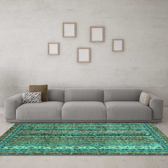 Machine Washable Oriental Turquoise Modern Area Rugs in a Living Room,, wshabs2409turq
