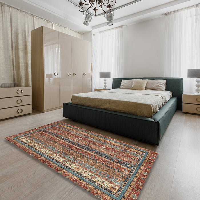 Abstract Dark Sienna Brown Oriental Rug in a Bedroom, abs2409