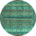 Round Machine Washable Oriental Turquoise Modern Area Rugs, wshabs2409turq