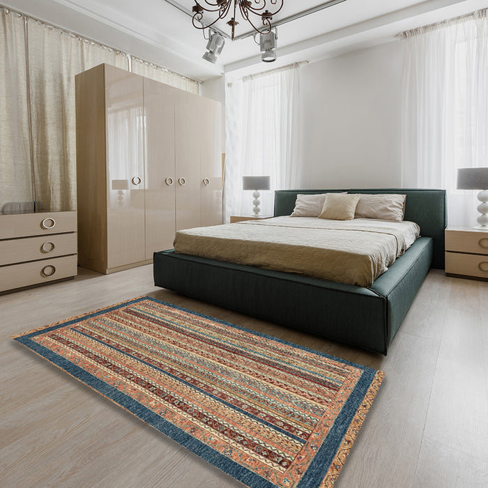 Abstract Camel Brown Oriental Rug in a Bedroom, abs2410