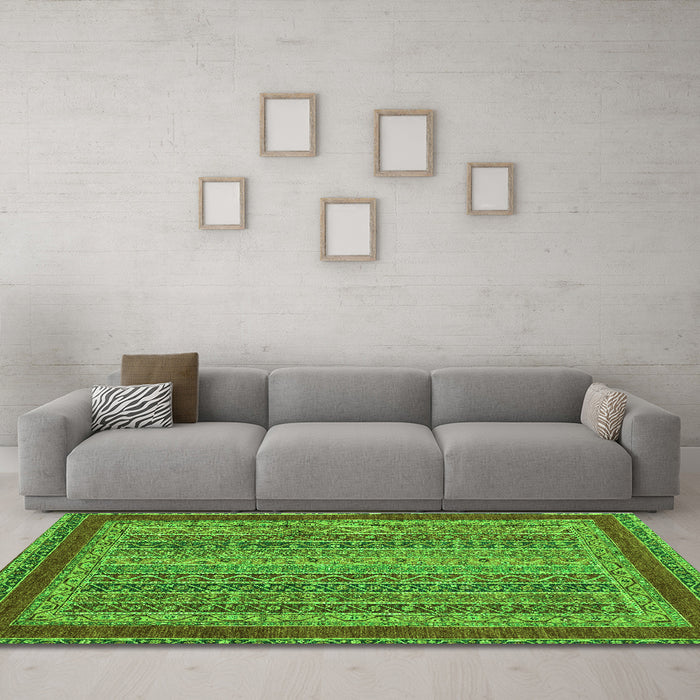 Machine Washable Oriental Green Modern Area Rugs in a Living Room,, wshabs2411grn