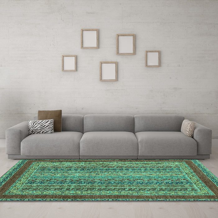 Machine Washable Oriental Turquoise Modern Area Rugs in a Living Room,, wshabs2411turq