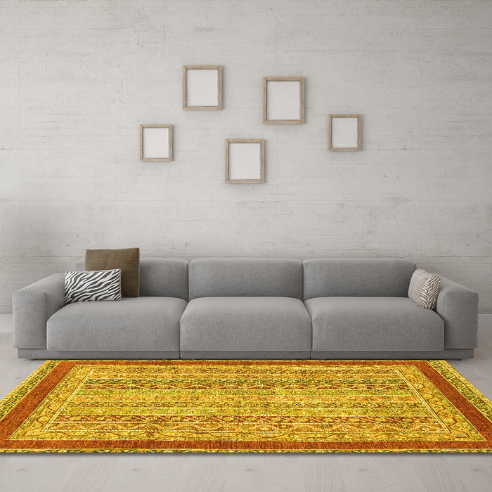Machine Washable Oriental Yellow Modern Rug in a Living Room, wshabs2412yw