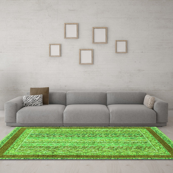 Machine Washable Oriental Green Modern Area Rugs in a Living Room,, wshabs2412grn