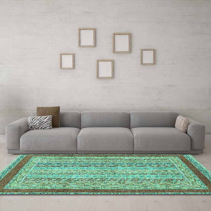 Machine Washable Oriental Turquoise Modern Area Rugs in a Living Room,, wshabs2412turq