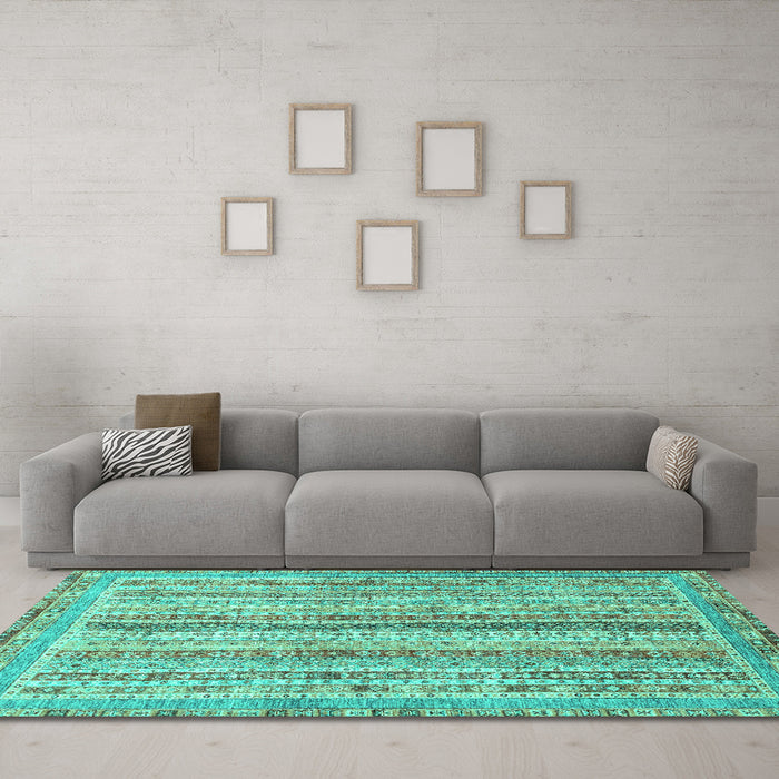 Machine Washable Oriental Turquoise Modern Area Rugs in a Living Room,, wshabs2414turq