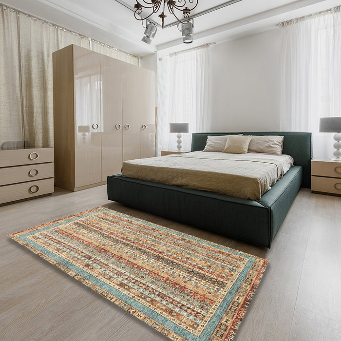 Abstract Gold Brown Oriental Rug in a Bedroom, abs2414