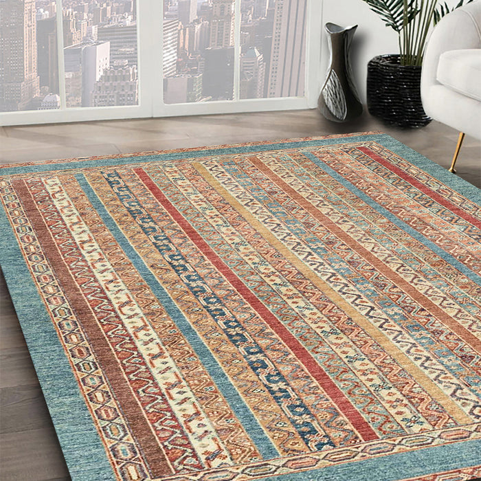 Abstract Gold Brown Oriental Rug in Family Room, abs2415