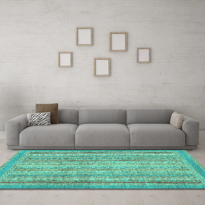 Machine Washable Oriental Turquoise Modern Area Rugs in a Living Room,, wshabs2415turq