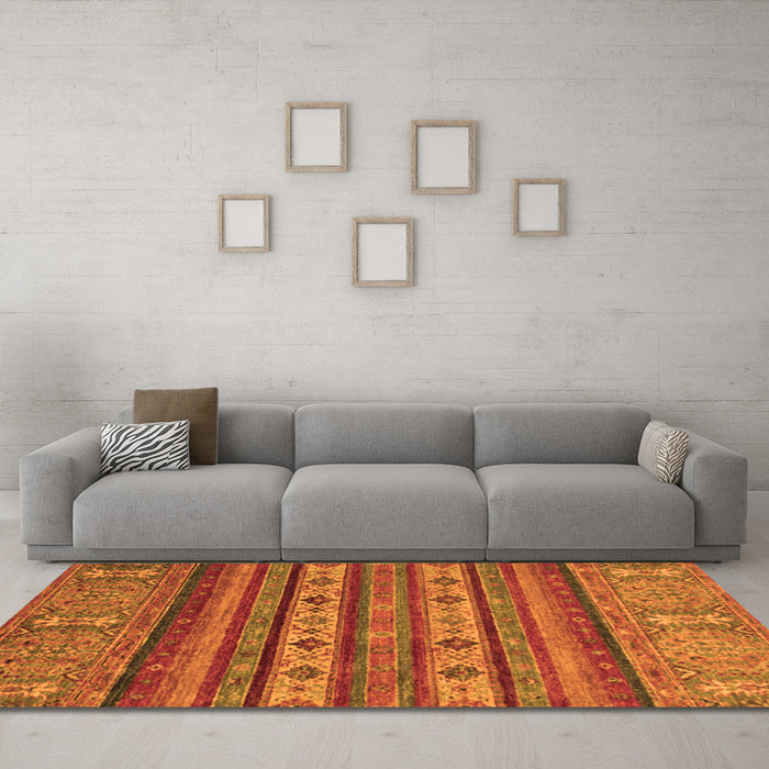 Machine Washable Abstract Orange Modern Area Rugs in a Living Room, wshabs2417org