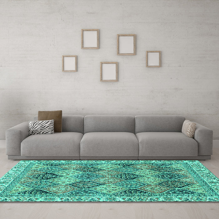 Machine Washable Abstract Turquoise Modern Area Rugs in a Living Room,, wshabs2419turq