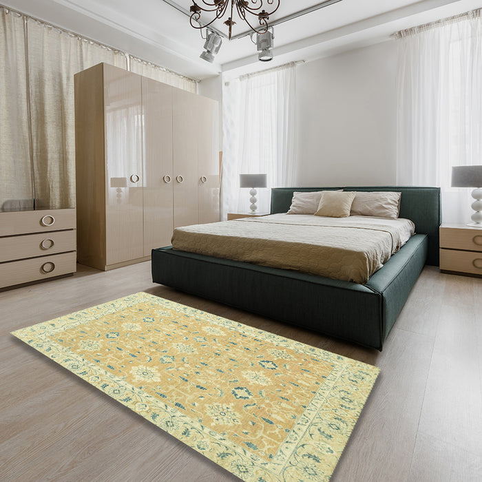 Abstract Brown Gold Modern Rug in a Bedroom, abs2421