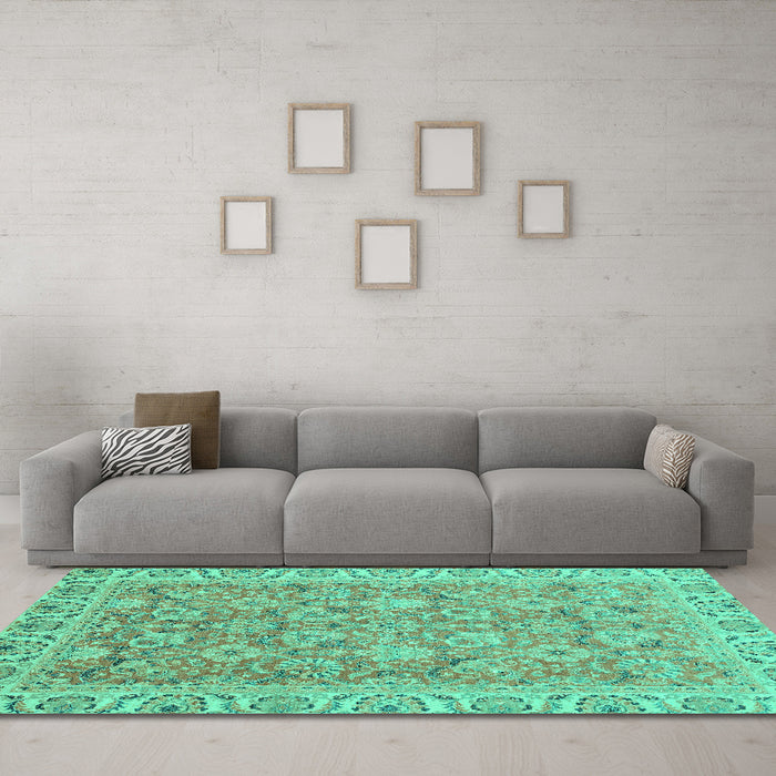 Machine Washable Abstract Turquoise Modern Area Rugs in a Living Room,, wshabs2422turq