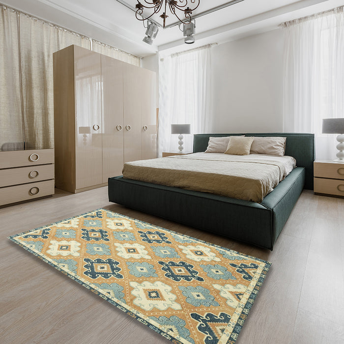 Abstract Dark Almond Brown Modern Rug in a Bedroom, abs2423
