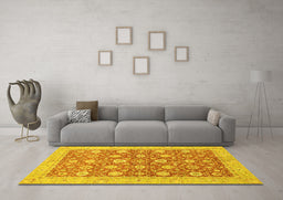 Machine Washable Oriental Yellow Traditional Rug in a Living Room, wshabs2425yw
