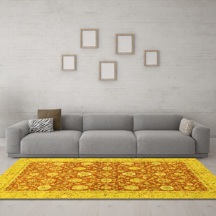 Machine Washable Oriental Yellow Traditional Rug in a Living Room, wshabs2425yw