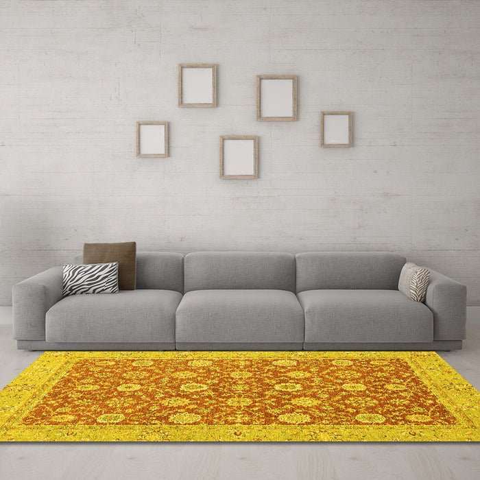 Machine Washable Oriental Yellow Traditional Rug in a Living Room, wshabs2426yw