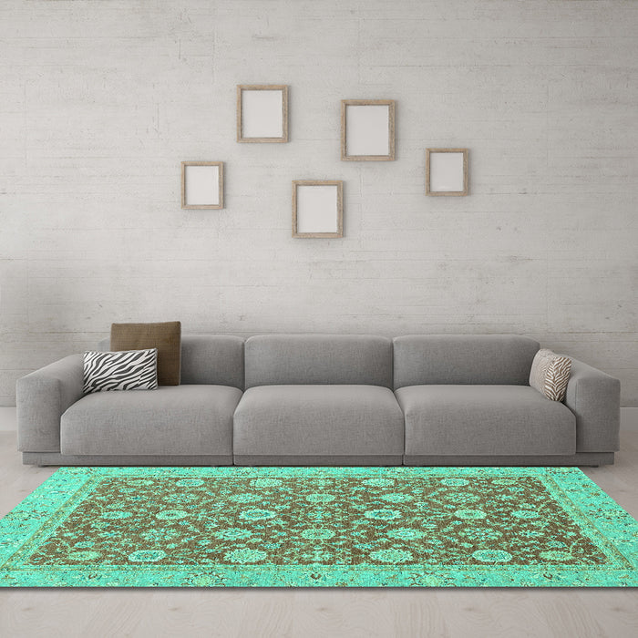 Machine Washable Oriental Turquoise Traditional Area Rugs in a Living Room,, wshabs2426turq