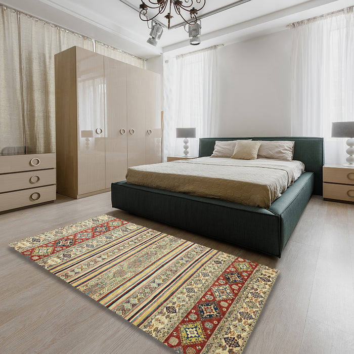 Abstract Brown Gold Modern Rug in a Bedroom, abs2430