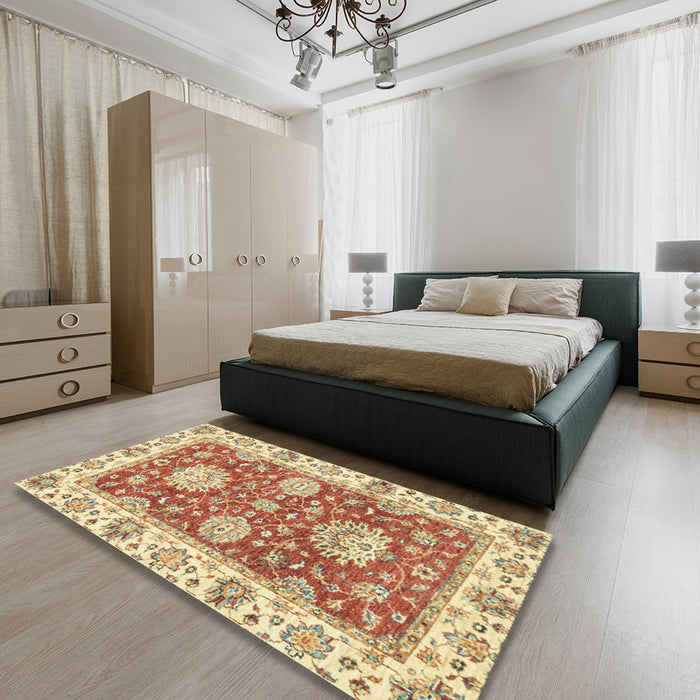 Machine Washable Abstract Brown Gold Rug in a Bedroom, wshabs2433