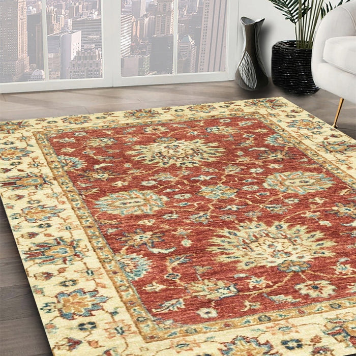 Abstract Brown Gold Oriental Rug in Family Room, abs2433