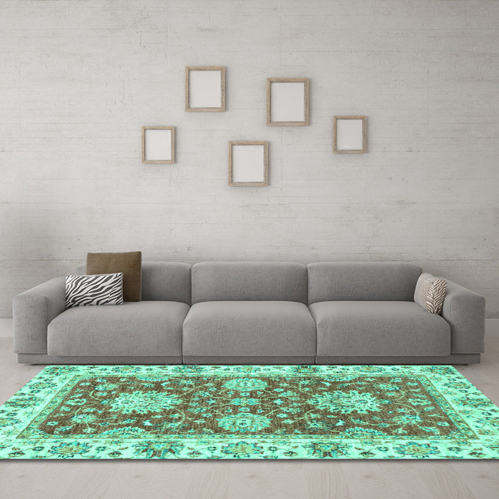 Machine Washable Oriental Turquoise Traditional Area Rugs in a Living Room,, wshabs2433turq