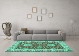 Machine Washable Oriental Turquoise Traditional Area Rugs in a Living Room,, wshabs2435turq