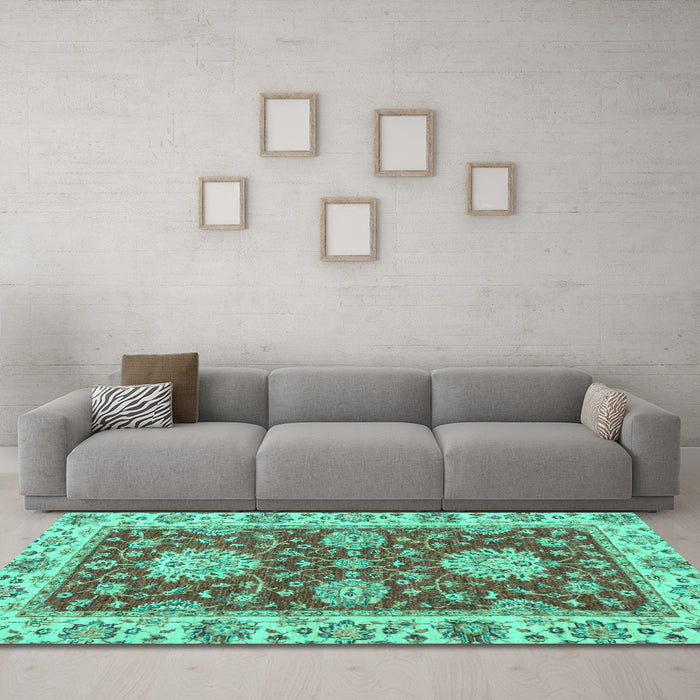 Machine Washable Oriental Turquoise Traditional Area Rugs in a Living Room,, wshabs2435turq