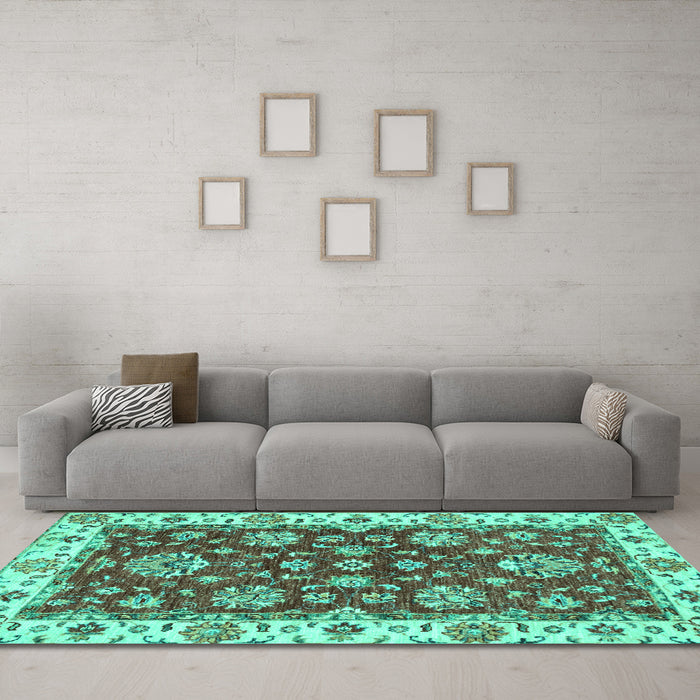 Machine Washable Oriental Turquoise Traditional Area Rugs in a Living Room,, wshabs2437turq