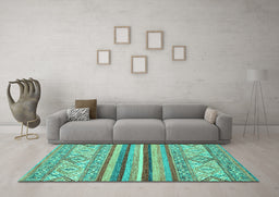 Machine Washable Abstract Turquoise Modern Area Rugs in a Living Room,, wshabs2438turq