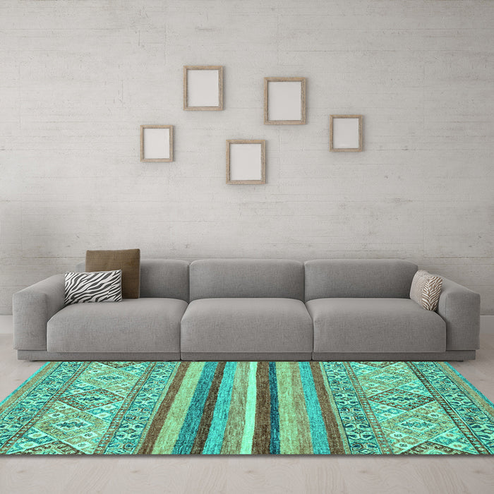 Machine Washable Abstract Turquoise Modern Area Rugs in a Living Room,, wshabs2438turq