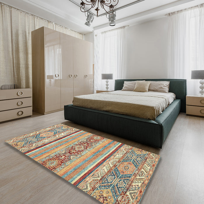 Abstract Gold Brown Modern Rug in a Bedroom, abs2441