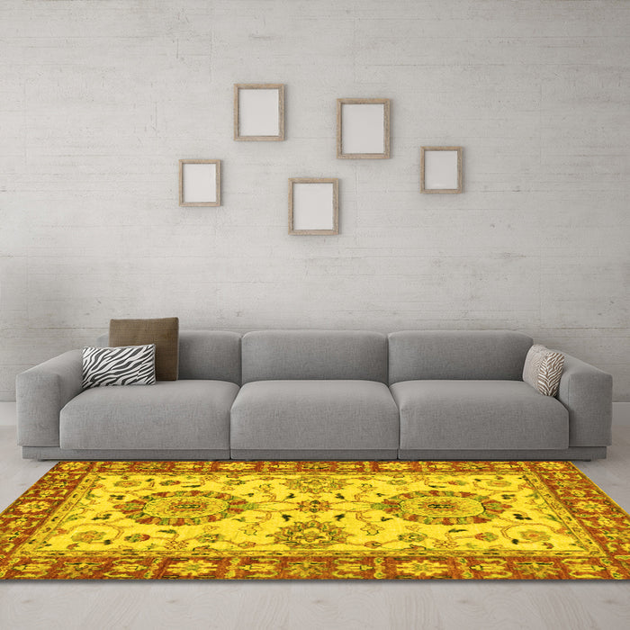 Machine Washable Oriental Yellow Traditional Rug in a Living Room, wshabs2442yw