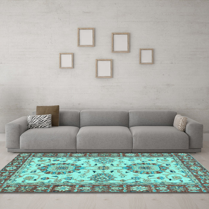 Machine Washable Oriental Light Blue Traditional Rug in a Living Room, wshabs2442lblu