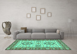 Machine Washable Oriental Turquoise Traditional Area Rugs in a Living Room,, wshabs2442turq