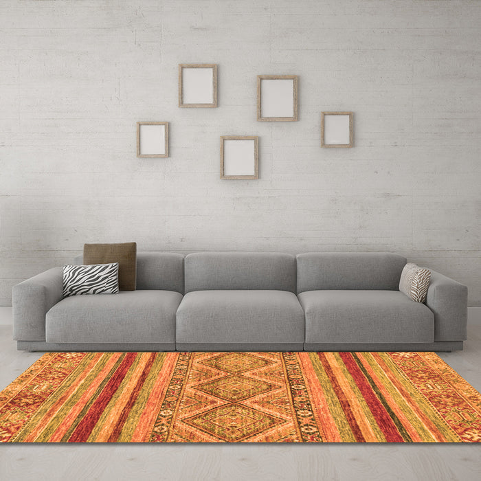 Machine Washable Abstract Orange Modern Area Rugs in a Living Room, wshabs2443org