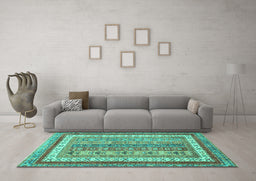 Machine Washable Abstract Turquoise Modern Area Rugs in a Living Room,, wshabs2444turq