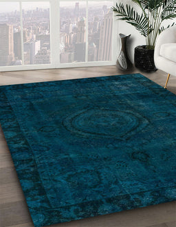 Abstract Teal Green Persian Rug in Family Room, abs2448