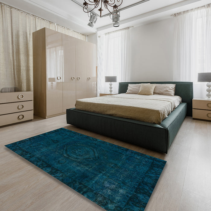 Abstract Teal Green Persian Rug in a Bedroom, abs2448